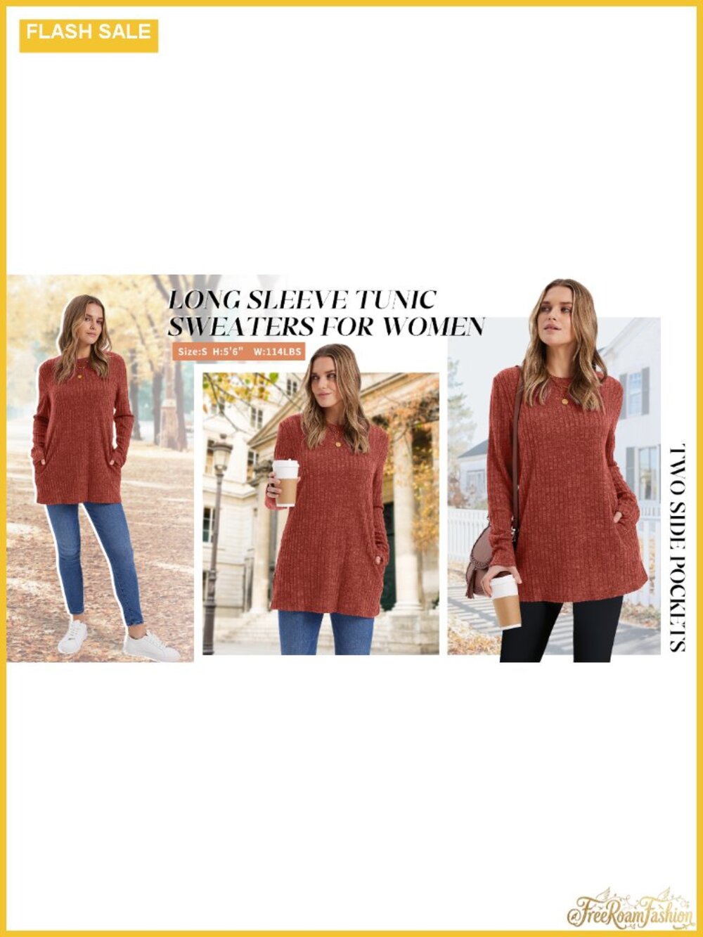 Womens Long Sleeve Tunic Top Crewneck Loose Fit Sweater with Pockets - Picture 5 of 5